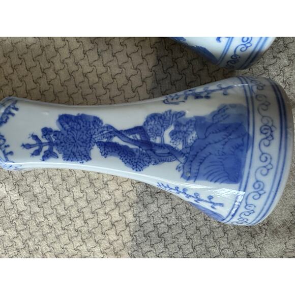 2 China Chinese Blue & White Porcelain Candlesticks Bamboo Prunus & Fungi pair - Picture 9 of 16